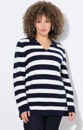 Ulla Popken Strickpullover Pullover Ringel Linksstrick Polokragen Langarm