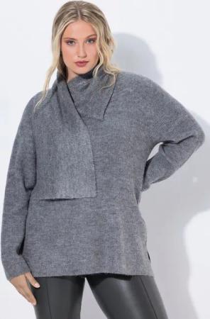 Ulla Popken Strickpullover Pullover Rippstrick integrierter Schal Langarm