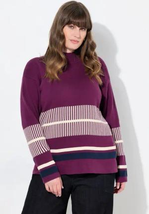 Ulla Popken Strickpullover Pullover Streifen Stehkragen Langarm Biobaumwolle