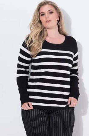 Ulla Popken Strickpullover Pullover Streifen Ziersteine Rundhals Langarm