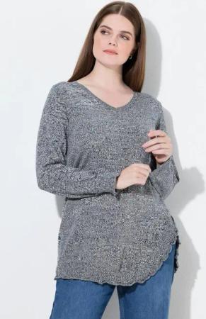 Ulla Popken Strickpullover Pullover Volants V-Ausschnitt Langarm Biobaumwolle