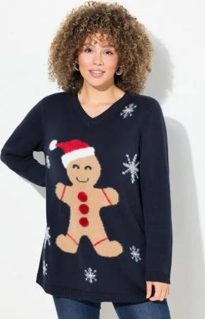 Ulla Popken Strickpullover Weihnachts-Pullover Lebkuchenmann V-Ausschnitt