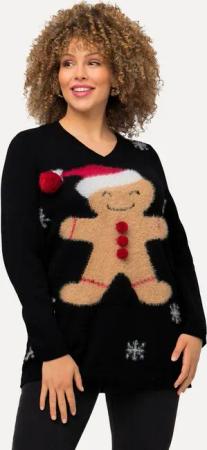 Ulla Popken Strickpullover Weihnachts-Pullover Lebkuchenmann V-Ausschnitt