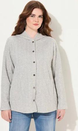 Ulla Popken Sweatjacke Hoodie-Jacke Zopfmuster Druckknöpfe hinten länger