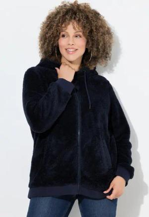 Ulla Popken Sweatjacke Teddy-Jacke Kapuze Langarm weicher Teddyplüsch