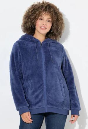 Ulla Popken Sweatjacke Teddy-Jacke Kapuze Langarm weicher Teddyplüsch