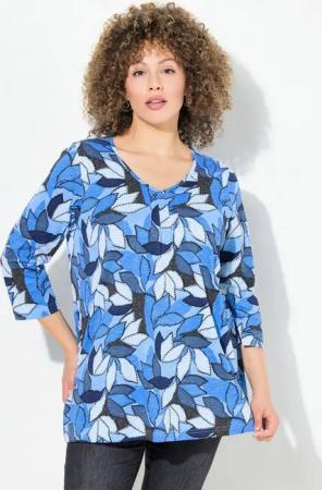 Ulla Popken Sweatshirt Shirt Blätter A-Linie V-Ausschnitt 3/4-Arm