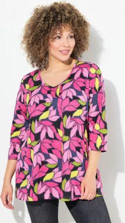 Ulla Popken Sweatshirt Shirt Blätter A-Linie V-Ausschnitt 3/4-Arm