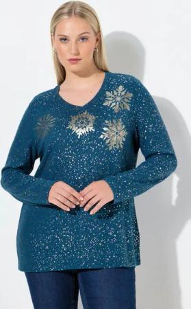 Ulla Popken Sweatshirt Sweatshirt Metallic-Druck V-Ausschnitt Langarm