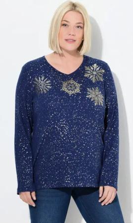 Ulla Popken Sweatshirt Sweatshirt Metallic-Druck V-Ausschnitt Langarm