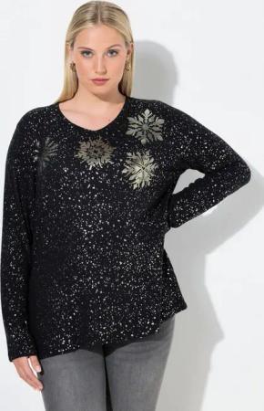 Ulla Popken Sweatshirt Sweatshirt Metallic-Druck V-Ausschnitt Langarm