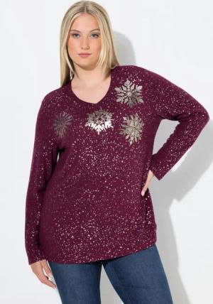 Ulla Popken Sweatshirt Sweatshirt Metallic-Druck V-Ausschnitt Langarm