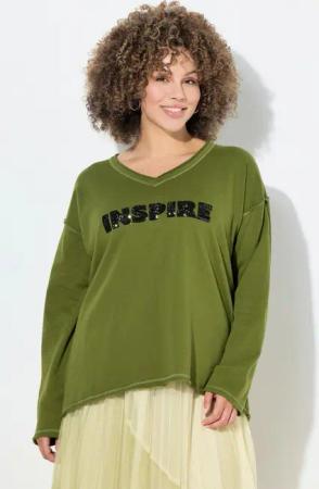 Ulla Popken Sweatshirt Sweatshirt Pailletten-Schriftzug V-Ausschnitt