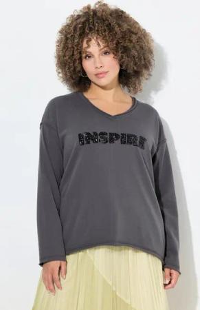 Ulla Popken Sweatshirt Sweatshirt Pailletten-Schriftzug V-Ausschnitt