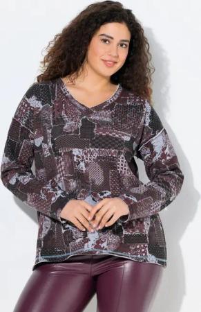 Ulla Popken Sweatshirt Sweatshirt Patchdruck V-Ausschnitt Langarm