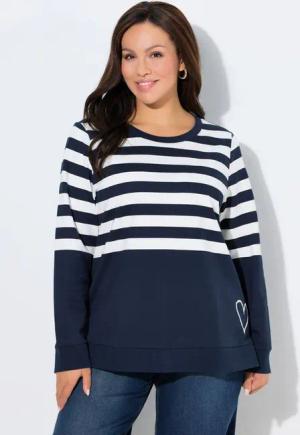 Ulla Popken Sweatshirt Sweatshirt Ringel Herzstickerei Rundhals Langarm