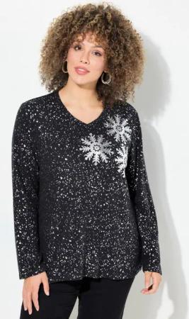 Ulla Popken Sweatshirt Sweatshirt Schneeflocken V-Ausschnitt Langarm