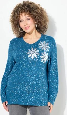 Ulla Popken Sweatshirt Sweatshirt Schneeflocken V-Ausschnitt Langarm