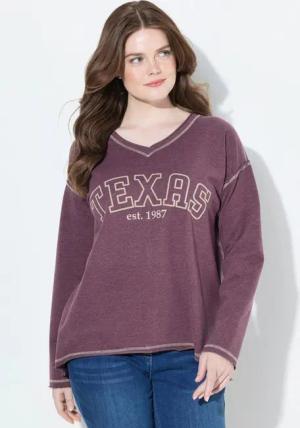 Ulla Popken Sweatshirt Sweatshirt Texas V-Ausschnitt Langarm Rollkanten