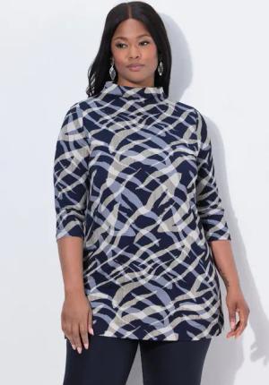 Ulla Popken Sweatshirt Sweatshirt Zebra-Design A-Linie Stehkragen 3/4-Arm