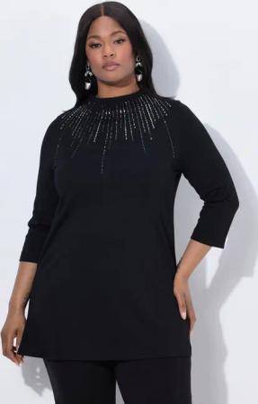 Ulla Popken Sweatshirt Sweatshirt Ziersteine A-Linie Stehkragen Langarm