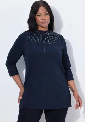 Ulla Popken Sweatshirt Sweatshirt Ziersteine A-Linie Stehkragen Langarm