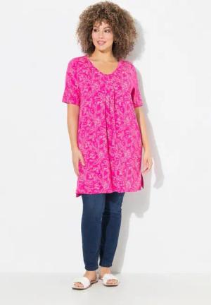 Ulla Popken T-Shirt Longshirt floraler Druck V-Ausschnitt Halbarm