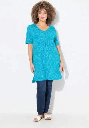 Ulla Popken T-Shirt Longshirt floraler Druck V-Ausschnitt Halbarm