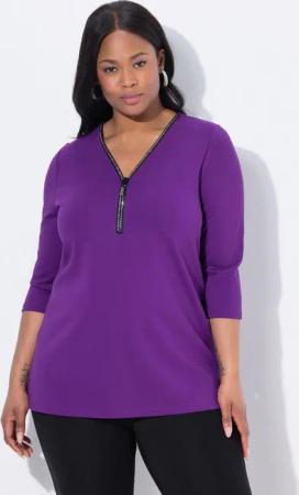 Ulla Popken T-Shirt Punto-Shirt A-Linie Zipper V-Ausschnitt 3/4-Arm