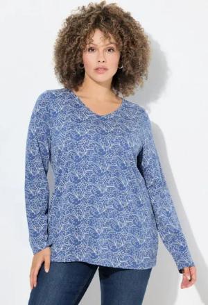 Ulla Popken T-Shirt Shirt bedruckt Classic V-Ausschnitt Langarm