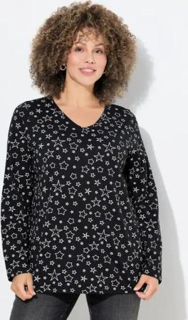 Ulla Popken T-Shirt Shirt bedruckt Classic V-Ausschnitt Langarm