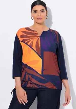 Ulla Popken T-Shirt Shirt Blätter Oversized Tunika-Ausschnitt 3/4-Arm