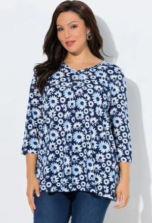 Ulla Popken T-Shirt Shirt Blüten A-Linie Zierfalten V-Ausschnitt