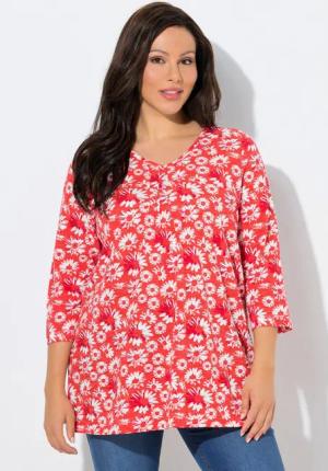 Ulla Popken T-Shirt Shirt Blüten A-Linie Zierfalten V-Ausschnitt