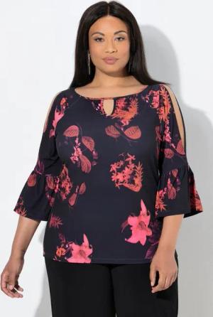 Ulla Popken T-Shirt Shirt Blüten Rundhals Keyhole 3/4-Volantärmel