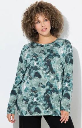 Ulla Popken T-Shirt Shirt Blüten Zierfalten A-Linie Rundhals Langarm