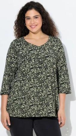 Ulla Popken T-Shirt Shirt Blüten Zierfalten A-Linie V-Ausschnitt