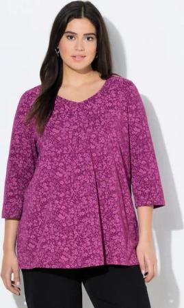 Ulla Popken T-Shirt Shirt Blüten Zierfalten A-Linie V-Ausschnitt