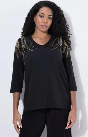 Ulla Popken T-Shirt Shirt Federn Stehkragen V-Ausschnitt 3/4-Arm