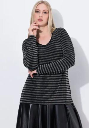 Ulla Popken T-Shirt Shirt Glitzerstreifen Classic Rundhals Langarm