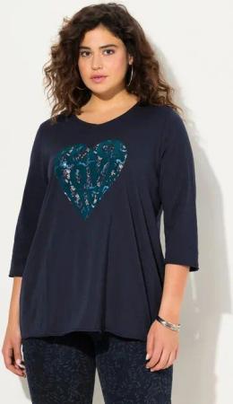 Ulla Popken T-Shirt Shirt Herzmotiv A-Linie V-Ausschnitt 3/4 Arm.
