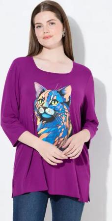 Ulla Popken T-Shirt Shirt Katze A-Linie Carree-Ausschnitt 3/4-Arm