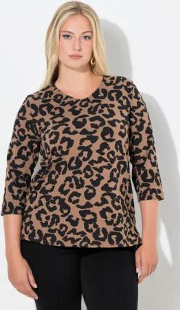 Ulla Popken T-Shirt Shirt Leomuster V-Ausschnitt 3/4-Ärmel