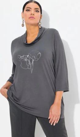 Ulla Popken T-Shirt Shirt Metallic-Druck Wasserfall-Ausschnitt 3/4-Arm