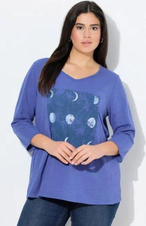 Ulla Popken T-Shirt Shirt Metallic-Motiv A-Linie V-Ausschnitt 3/4-Arm