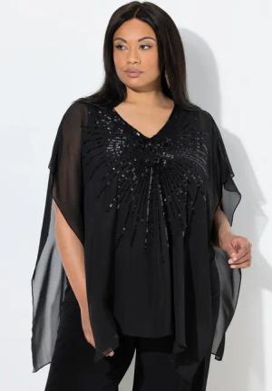 Ulla Popken T-Shirt Shirt oversized doppellagig Chiffon Pailletten