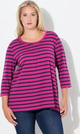 Ulla Popken T-Shirt Shirt Ringel A-Linie Rundhals Zierfalten 3/4-Arm