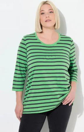 Ulla Popken T-Shirt Shirt Ringel A-Linie Rundhals Zierfalten 3/4-Arm