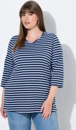 Ulla Popken T-Shirt Shirt Ringel V-Ausschnitt 3/4-Arm Biobaumwolle