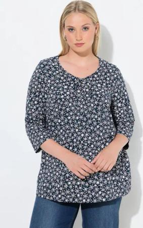 Ulla Popken T-Shirt Shirt Schneeflocken A-Linie V-Ausschnitt 3/4-Arm